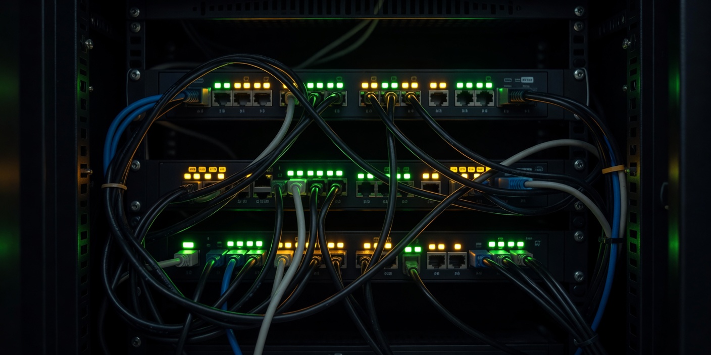 Router and network cables in a dark cabinet with small green and amber status lights