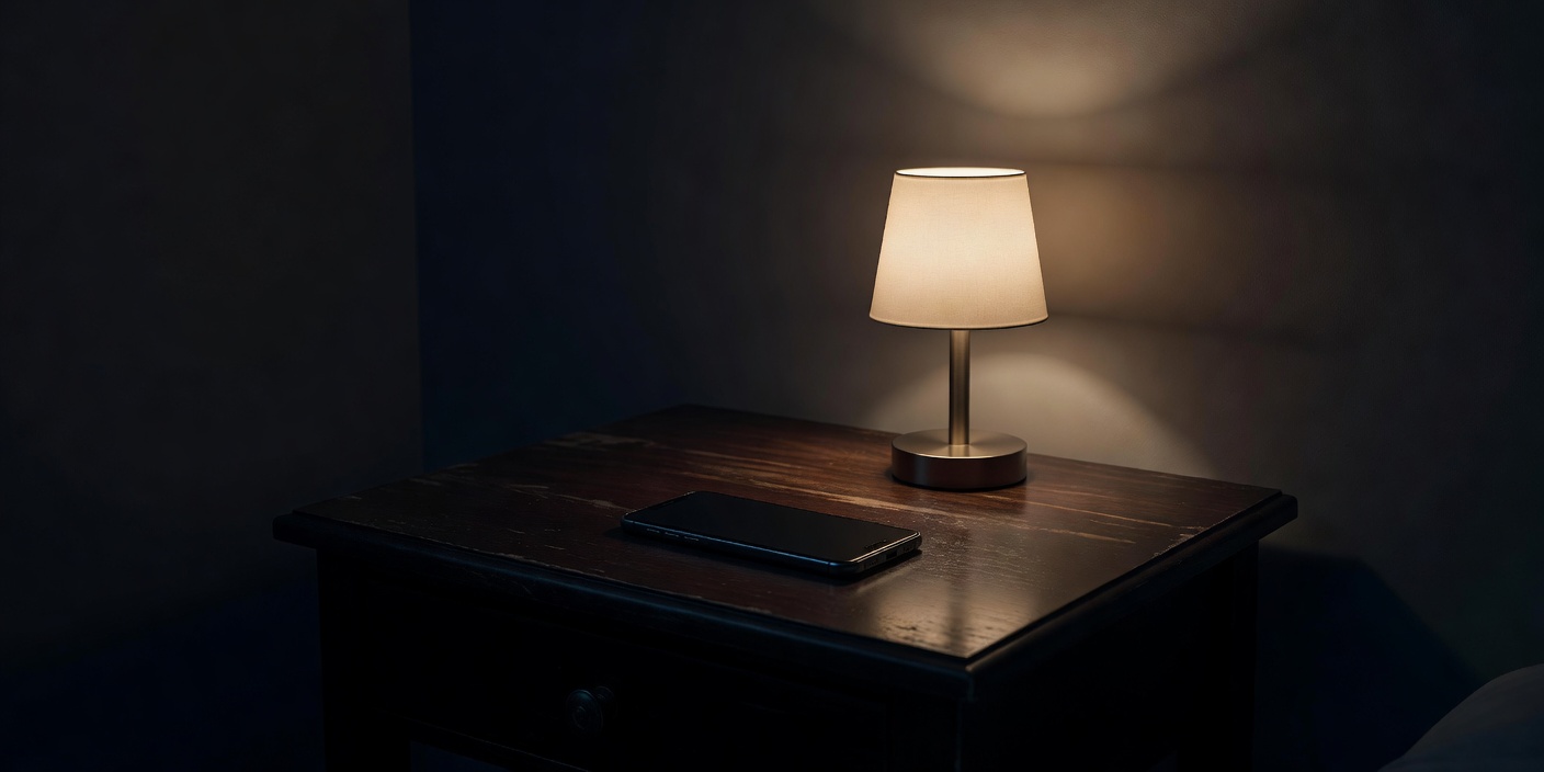Smartphone face down beside a small lamp on a bedside table in a dark room
