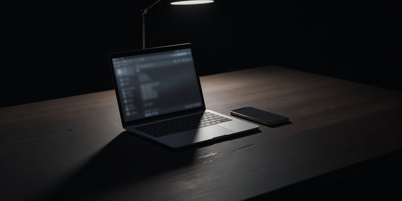 Laptop and smartphone side by side on a dark desk, screens dim and unreadable, long shadows
